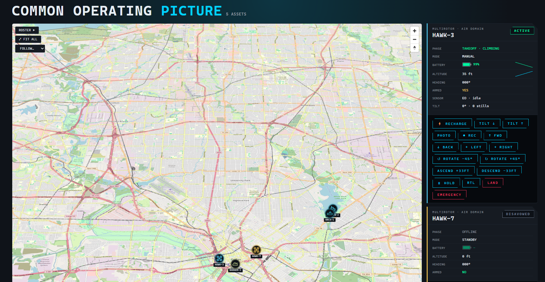 Common Operating Picture with live asset on map and command palette