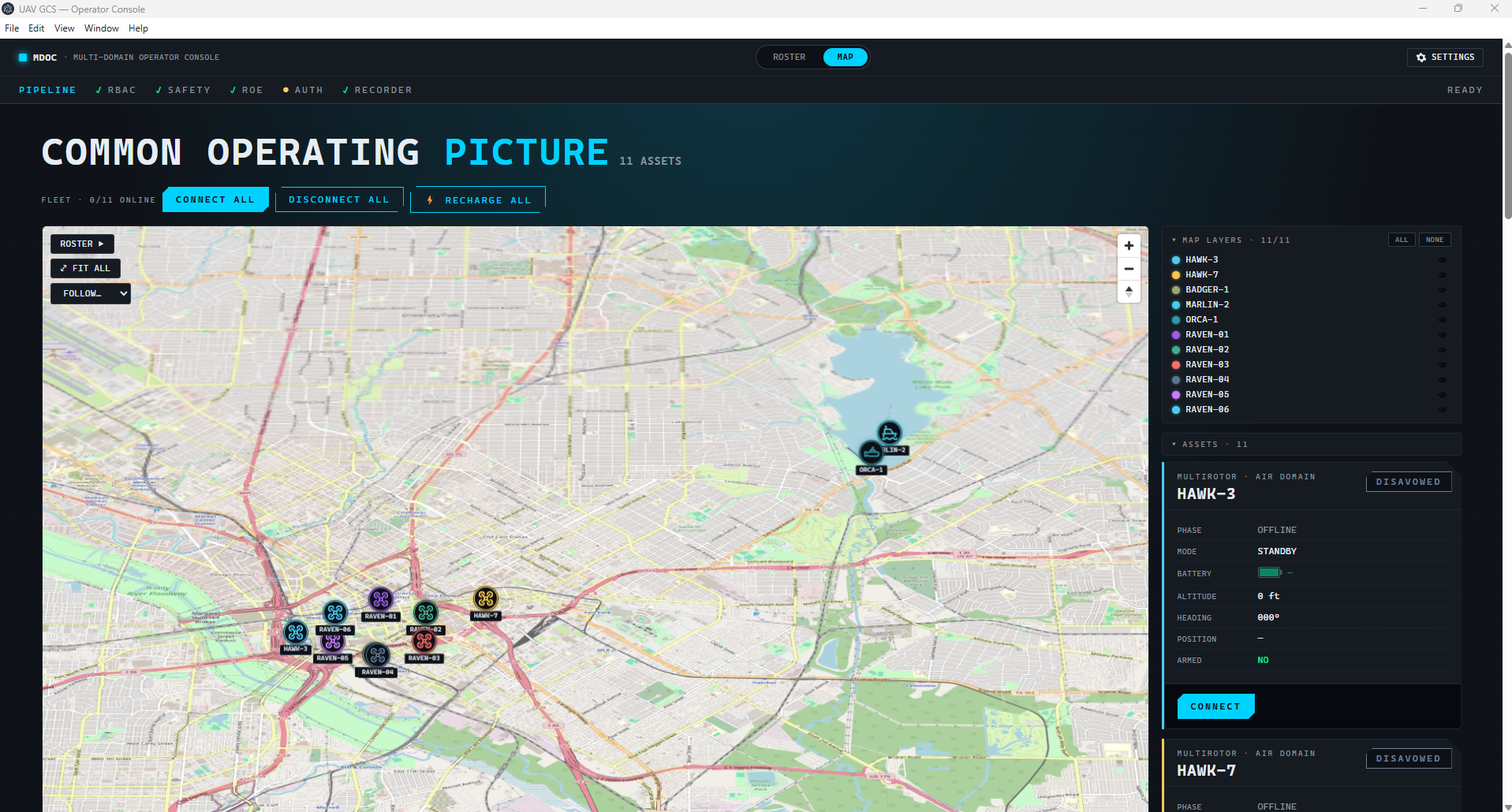Common Operating Picture map with 11 assets and per-asset map layers